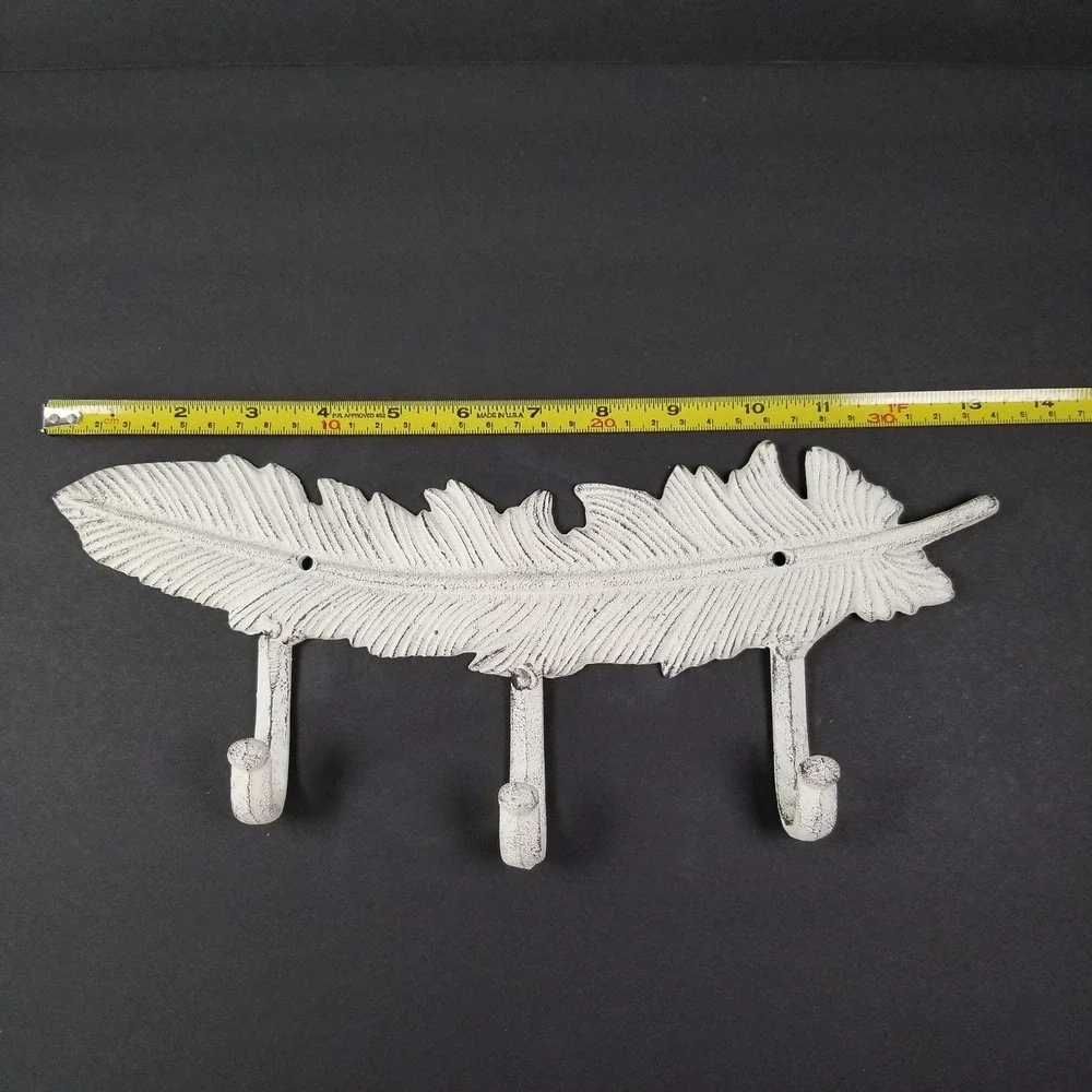 Cast Iron‎ Feather Wall Hook Rack 3 Hooks Distressed White Rustic Farmhouse 11.5